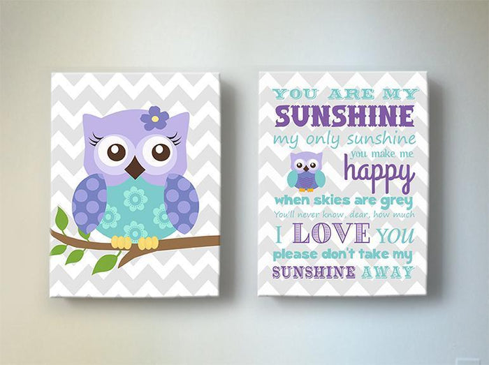 Lavender Nursery Art - Owl & You Are My Sunshine Canvas Prints - Set Of 2-Purple Aqua Art