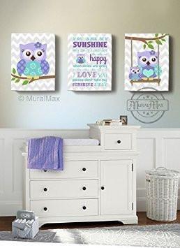 Lavender Owl Nursery Art - You Are My Sunshine & Owls Canvas Nursery Decor - Set Of 3-MuralMax Interiors