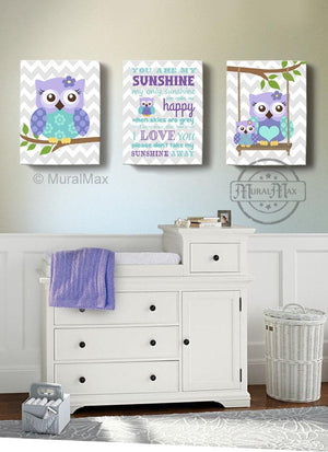 Lavender Owl Nursery Art - You Are My Sunshine & Owls Canvas Nursery Decor - Set Of 3-MuralMax Interiors