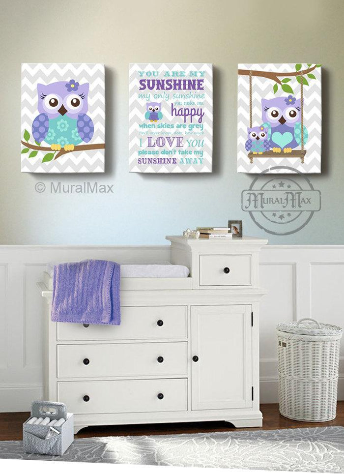 Lavender Owl Nursery Art - You Are My Sunshine & Owls Canvas Nursery Decor - Set Of 3