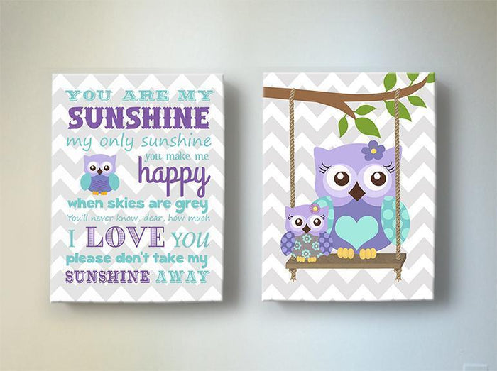 Lavender Owl & You Are My Sunshine Canvas Nursery Art - Set Of 2 Purple Aqua Gray Decor