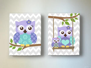 Lavender Owls Nursery Wall Art - Purple Aqua Baby Girl Room Decor - Canvas Art - Set of 2-MuralMax Interiors