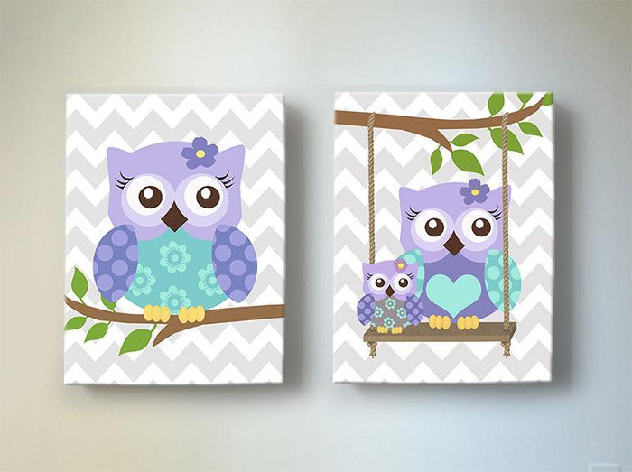 Lavender Owls Nursery Wall Art - Purple Aqua Baby Girl Room Decor - Canvas Art - Set of 2