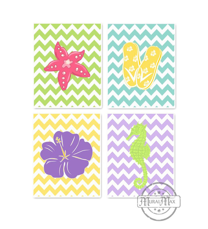 Lets Go To The Beach Girl Room Wall Decor - Starfish Hibiscus Seahorse- Set of 4 - Unframed Prints