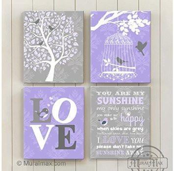 Lilac and Gray You Are My Sunshine Girl Room Decor - Canvas Home Decor -The Lovebird Collection - Set of 4-B018ISJMFE