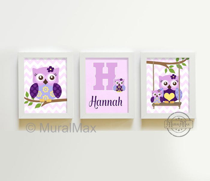 Lilac Egg Plant Girl Room Art - Personalized Owl Art - Unframed Prints - Set of 3