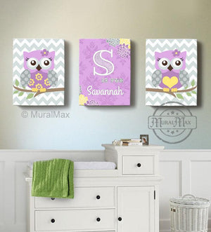 Lilac Owl Nursery Decor - Personalized Canvas Wall Art - Purple & Gray Owl Collection - Set of 3-MuralMax Interiors