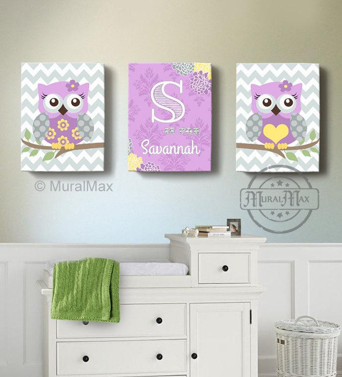 Lilac Owl Nursery Decor - Personalized Canvas Wall Art - Purple & Gray Owl Collection - Set of 3