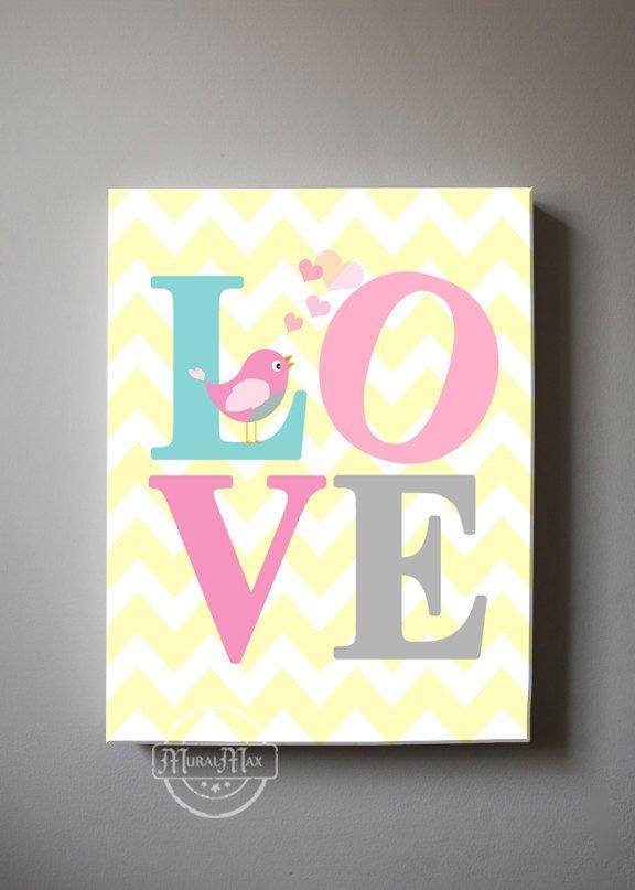 LOVE Canvas Nursery Decor - Inspirational Quote Girl Nursery Art - Pink Aqua Yellow Decor