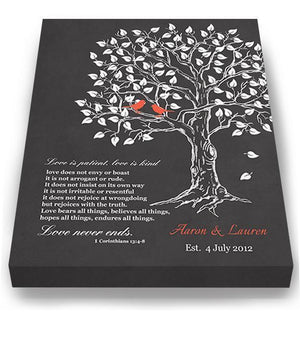 Love in Patience Family Tree Canvas Wall Art - Personalized Bible Verse Anniversary Gifts - Unique Wall Decor - Charcoal-MuralMax Interiors