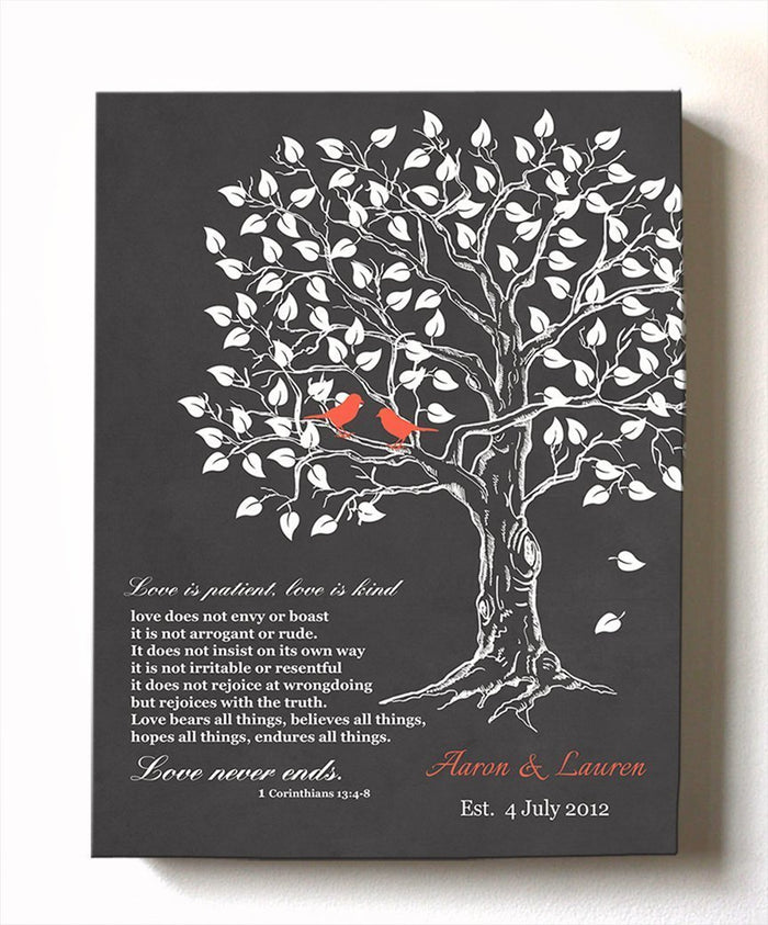 Love in Patience Family Tree Canvas Wall Art - Personalized Bible Verse Anniversary Gifts - Unique Wall Decor - Charcoal