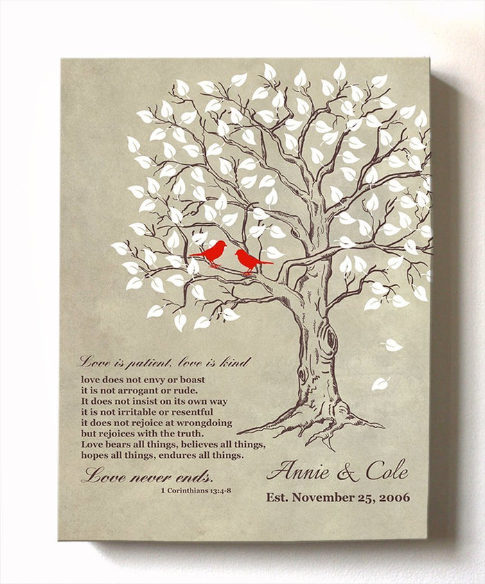 Love Is Patient, Love Is Kind Bible Verse Personalized Family Tree & Lovebirds Canvas Wall Art