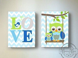 Love & Owls Nursery Art - Inspirational Quote Blue Green Chevron Canvas Art - Set of 2-MuralMax Interiors