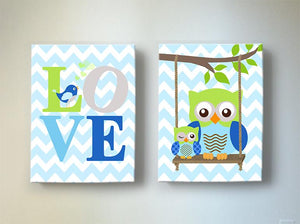 Love & Owls Nursery Art - Inspirational Quote Blue Green Chevron Canvas Art - Set of 2-MuralMax Interiors