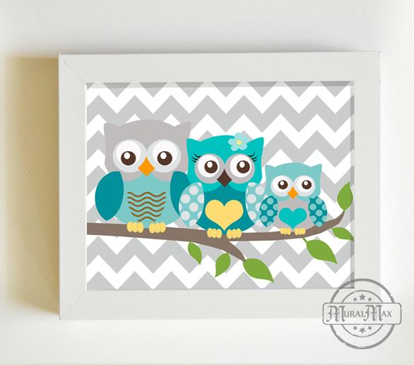 Modern Boy Nursery Wall Art - Teal Owl Family Decor - Unframed Prints
