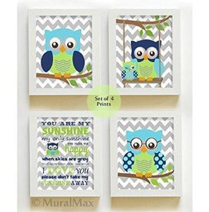 Modern Chevron Owl Nursery Art Prints - You Are My Sunshine Navy Blue Green Decor - Unframed Prints - Set of 4-MuralMax Interiors