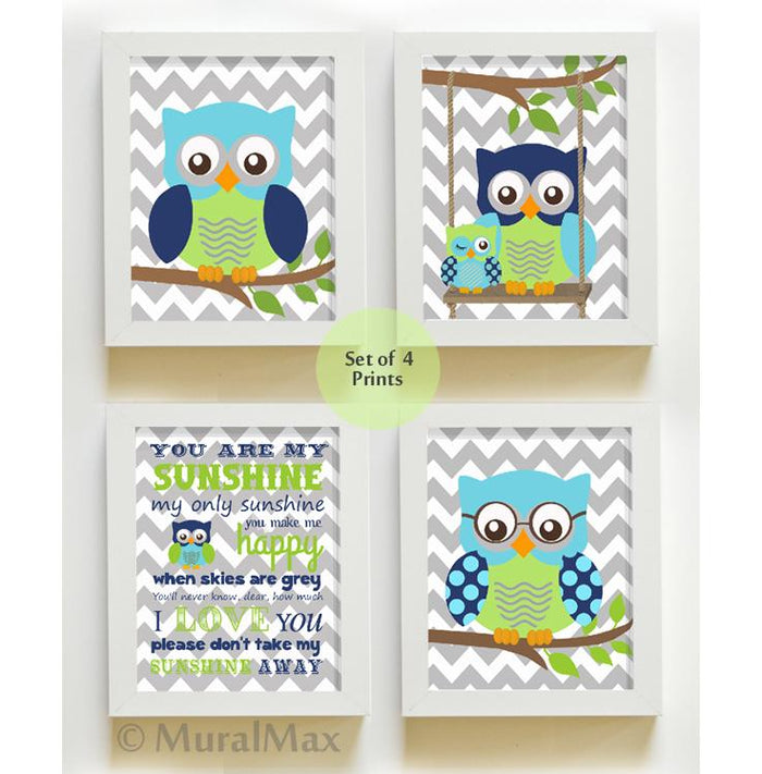Modern Chevron Owl Nursery Art Prints - You Are My Sunshine Navy Blue Green Decor - Unframed Prints - Set of 4