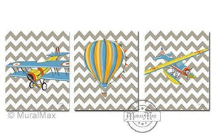 Modern Chevron Wall Art - Hot Air Balloon Transportation Theme - Unframed Prints - Set of 3-B018KOBT4S-MuralMax Interiors