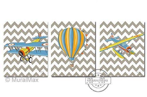 Modern Chevron Wall Art - Hot Air Balloon Transportation Theme - Unframed Prints - Set of 3-B018KOBT4S