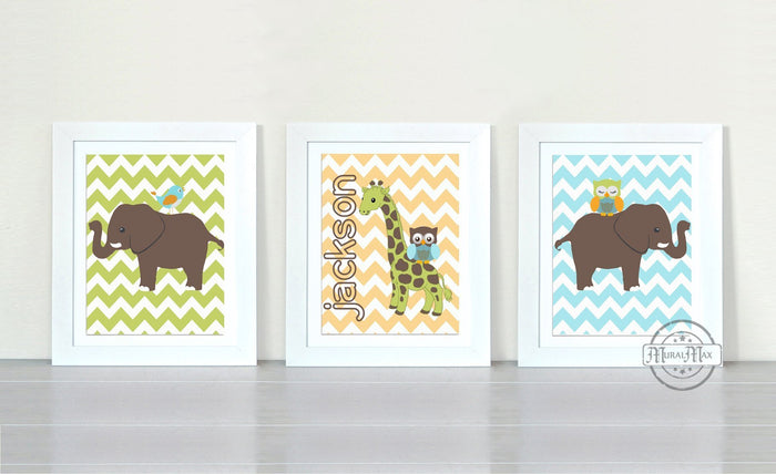Modern Elephant & Giraffe Boy Room Decor - Unframed Prints - Set of 3 Brown Green Teal Room Decor