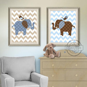 Modern Elephant Nursery Decor - Baby Boy Nursery Prints - Unframed Prints - Set of 2-MuralMax Interiors
