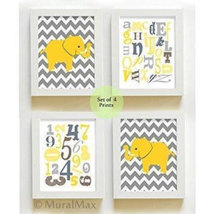 Modern Elephant Prints - Alphabet Nursery Yellow And Gray Decor - Unframed Prints - Set of 4-MuralMax Interiors