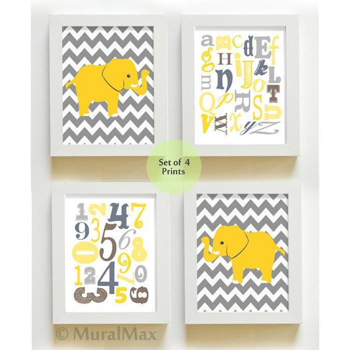 Modern Elephant Prints - Alphabet Nursery Yellow And Gray Decor - Unframed Prints - Set of 4