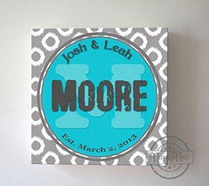 Modern Family Name & Established Date, Stretched Canvas Wall Art, Wedding & Memorable Anniversary Gifts, Unique Wall Decor, Turquoise, B018KOIQFI-MuralMax Interiors