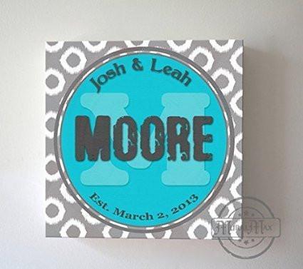 Modern Family Name & Established Date, Stretched Canvas Wall Art, Wedding & Memorable Anniversary Gifts, Unique Wall Decor, Turquoise, B018KOIQFI