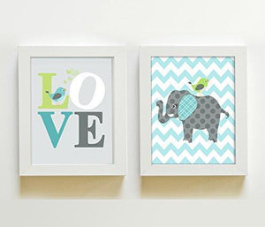 Modern Nursery Art - Aqua Green Elephants Love Nursery Decor - Set of 2 - Unframed Prints-MuralMax Interiors