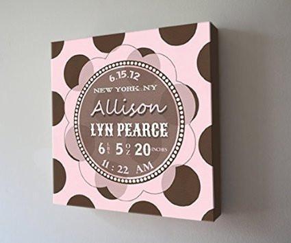 Modern Nursery Art Baby Girl Room Decor - Personalized Birth Announcements For Girl - Make Your New Baby Gifts Memorable - Color: Pink - Stretched Canvas - B018GSUXOU