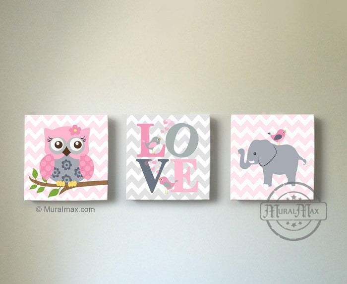 Modern Nursery Art - Elephant & Owl Baby Girl Room Decor - Love Safari Canvas Wall Art - Set of 3