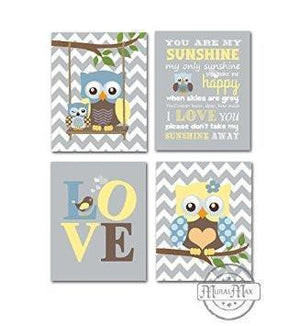 Modern Owl & Love Nursery Art - You Are My Sunshine Unisex Nursery Decor - Unframed Prints - Set of 4-MuralMax Interiors