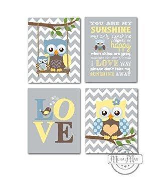 Modern Owl & Love Nursery Art - You Are My Sunshine Unisex Nursery Decor - Unframed Prints - Set of 4