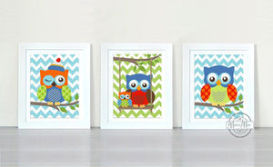 Modern Owl Nursery Prints - Baby Boy Nursery Art - Unframed Prints - Set of 3-MuralMax Interiors