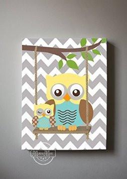 Mom And Baby Owl Canvas Nursery Art - Woodland Owls Canvas Decor - Brown Aqua Yellow Decor-MuralMax Interiors