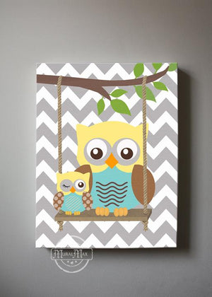 Mom And Baby Owl Canvas Nursery Art - Woodland Owls Canvas Decor - Brown Aqua Yellow Decor-MuralMax Interiors
