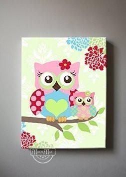Mom and Baby Owl Canvas Wall Art - Floral Baby Girl Room Decor - Green Pink Aqua ArtBaby ProductMuralMax Interiors