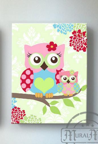 Mom and Baby Owl Canvas Wall Art - Floral Baby Girl Room Decor - Green Pink Aqua Art