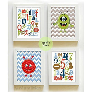 Monsters Alphabet Nursery Decor - Set of 4 Boy Room Or Playroom Art- Unframed Prints-MuralMax Interiors