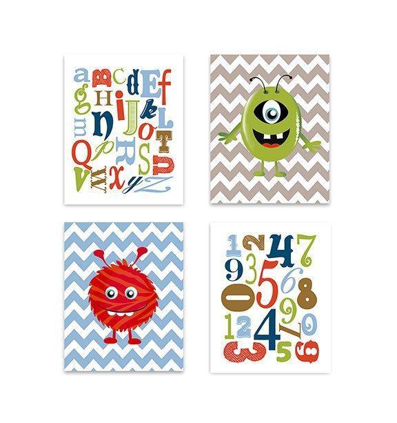Monsters Alphabet Nursery Decor - Set of 4 Boy Room Or Playroom Art- Unframed Prints