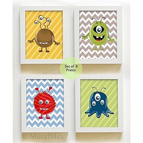 Monsters Boys Room Decor Nursery Decor - Set of 4 - Unframed Prints