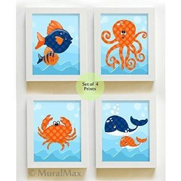 Nautical Beach Nursery Art - Sea Life & Ocean Creatures - Unframed Prints - Set of 4-B018KODL1M