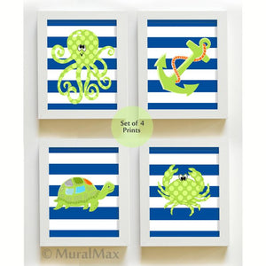Nautical Boy Nursery Art - Navy Lime Striped Octopus & Friends Decor - Set of 4 - Unframed Prints-MuralMax Interiors