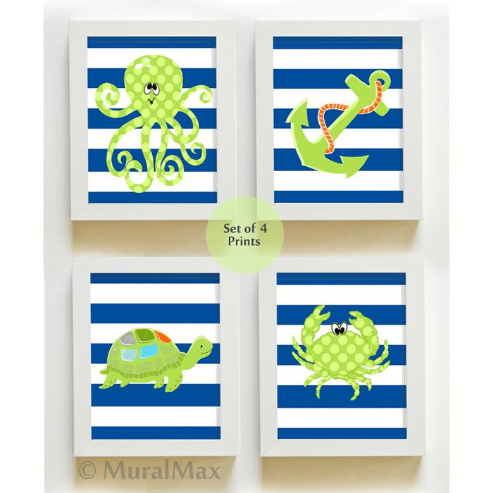 Nautical Boy Nursery Art - Navy Lime Striped Octopus & Friends Decor - Set of 4 - Unframed Prints