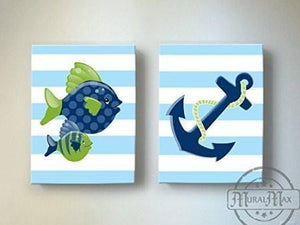 Nautical Decor Fish & Anchor Baby Boy Room Decor - Canvas Nursery Art - Set of 2-MuralMax Interiors