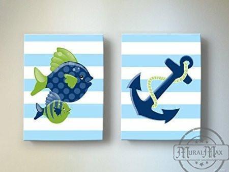 Nautical Decor Fish & Anchor Baby Boy Room Decor - Canvas Nursery Art - Set of 2