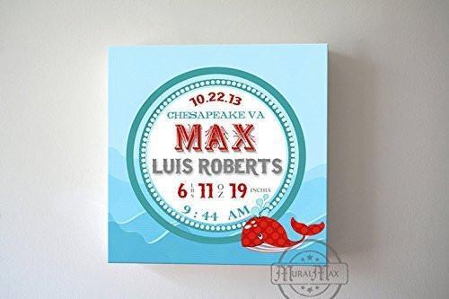 Nautical Nursery Art Baby Birth Announcements For Boy - Whale Nursery Art - Make Your New Baby Gifts Memorable - Color: Red - Canvas Art - B018GT3VFC
