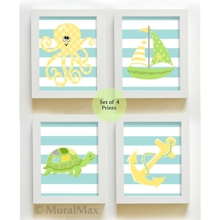 Nautical Nursery Art - Striped Sail Boat Turtle & Octopus Wall Art - Set of 4 - Unframed Prints