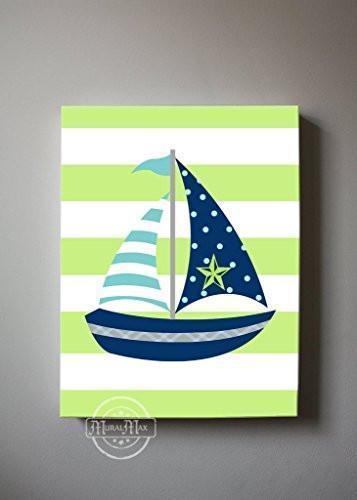 Nautical Sailboat Baby Nursery Canvas Wall Art - Striped Navy & Green Canvas Decor